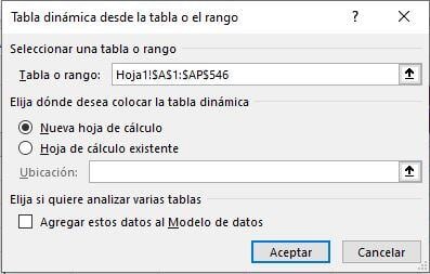 Inserción de tabla dinámica en Excel