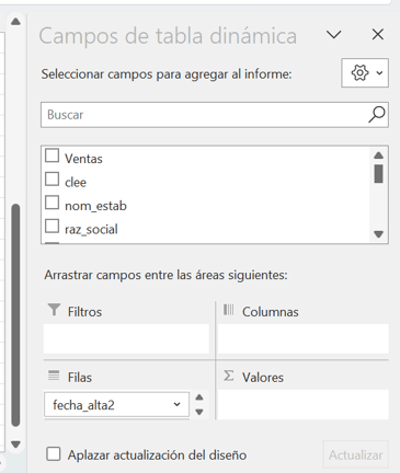Configuración de origen y ubicación de la tabla dinámica en Excel