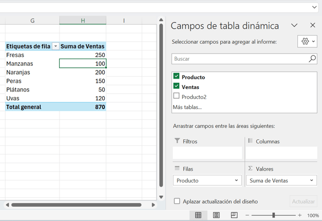 Tabla dinámica en Excel con filas