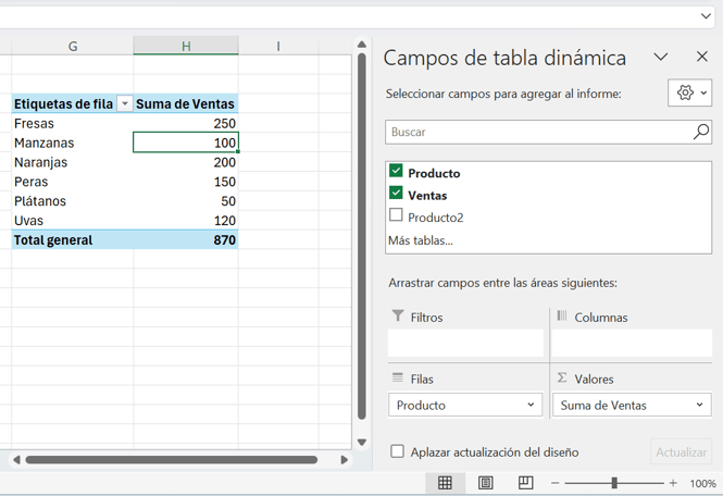 Configuración de campos de una tabla dinámica en Excel