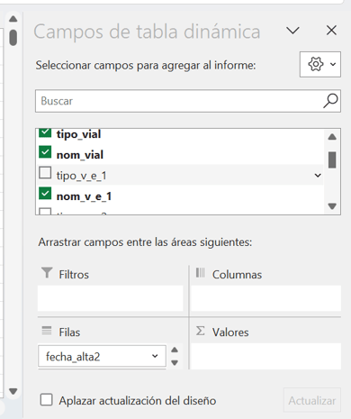 Selección de campos para tabla dinámica en Excel