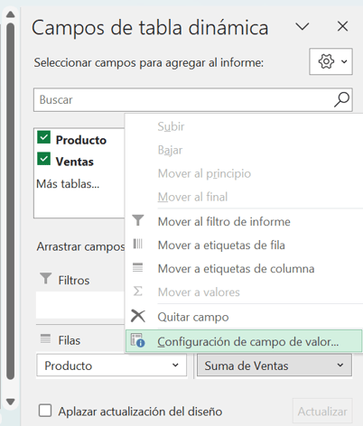 Configuración de campo de valor en tablas dinámicas de Excel