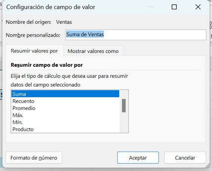 Campo de valor en tabla dinámica de Excel