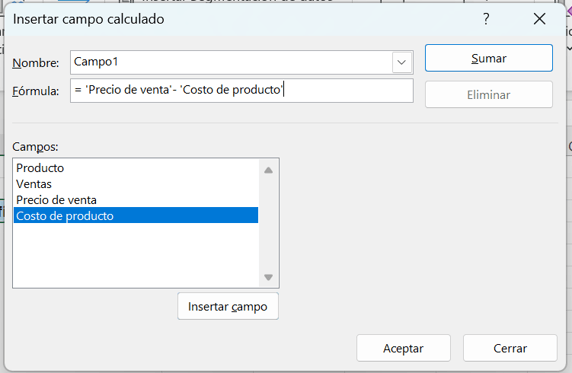 Campo calculado en tabla dinámica de Excel