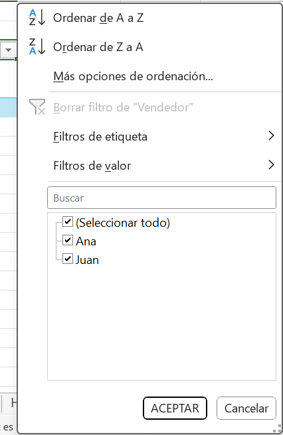 Menú de filtros en tabla dinámica de Excel
