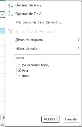 Menú de filtros en tabla dinámica de Excel