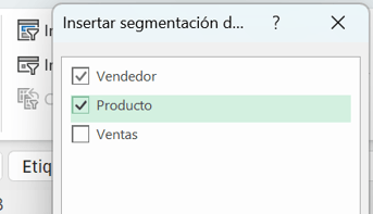 Ventana para insertar segmentación de datos en Excel