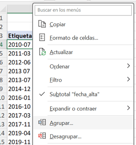 Menú contextual para agrupar fechas en tablas dinámicas