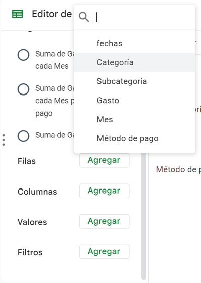 Configurar filas en tabla dinámica