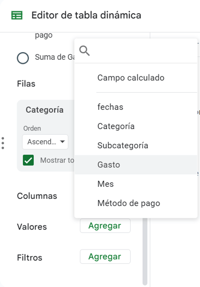 Configurar valores en tabla dinámica