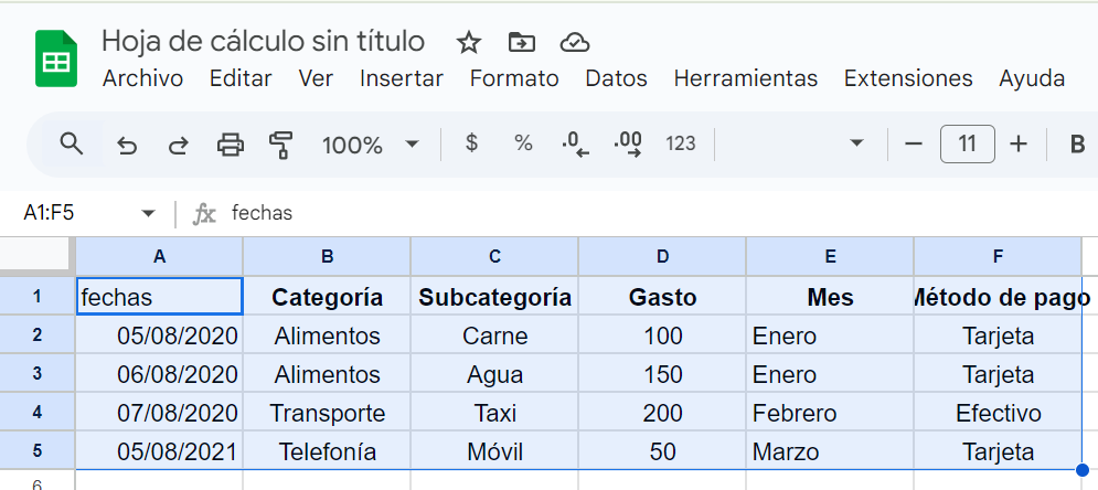 Seleccionar rango de datos en Google Sheets