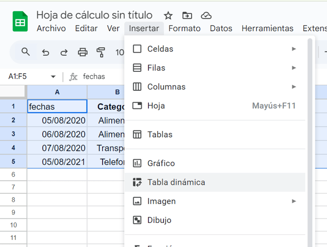Insertar tabla dinámica en Google Sheets