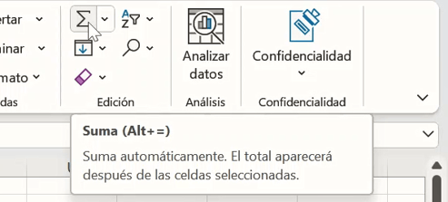 Excel: Botón de Autosuma en la pestaña Inicio
