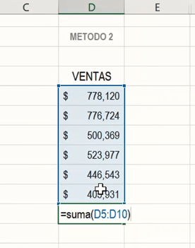 Sumas en Excel: Resultado de la fórmula SUMA