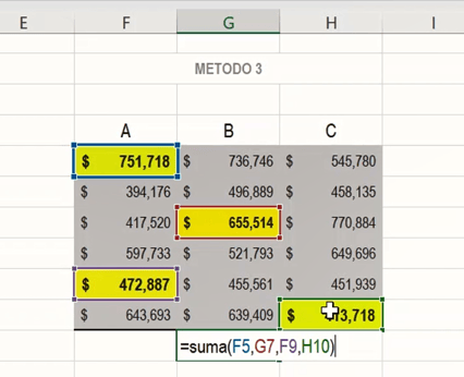 Sumatoria en Excel: Suma de celdas separadas