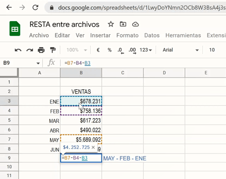 restar en google sheets