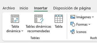 Pestaña Insertar en Excel para crear tablas