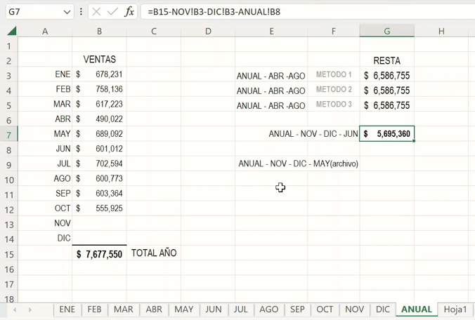 Restar múltiples hojas en Excel