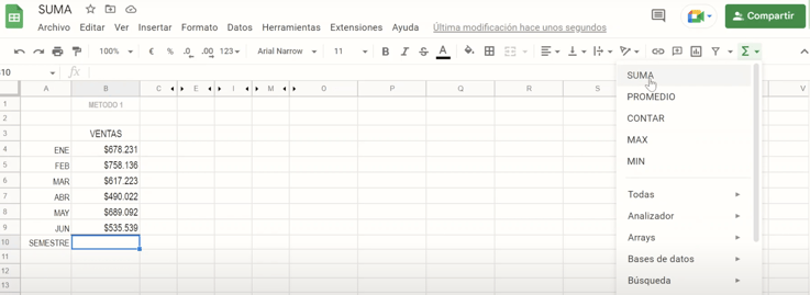 Suma automática en Google Sheets: Selección de rango