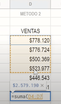 Fórmula SUMA en Google Sheets: Selección de celdas