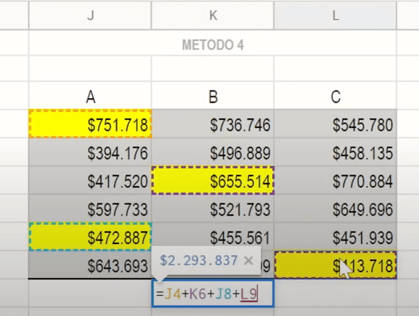 Suma con signo + en Google Sheets: Selección de celdas