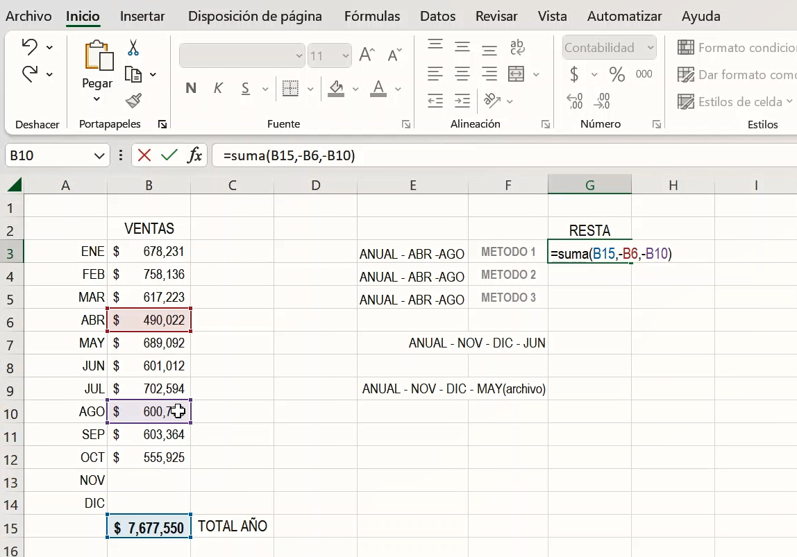 Restar en Excel - FORMULA