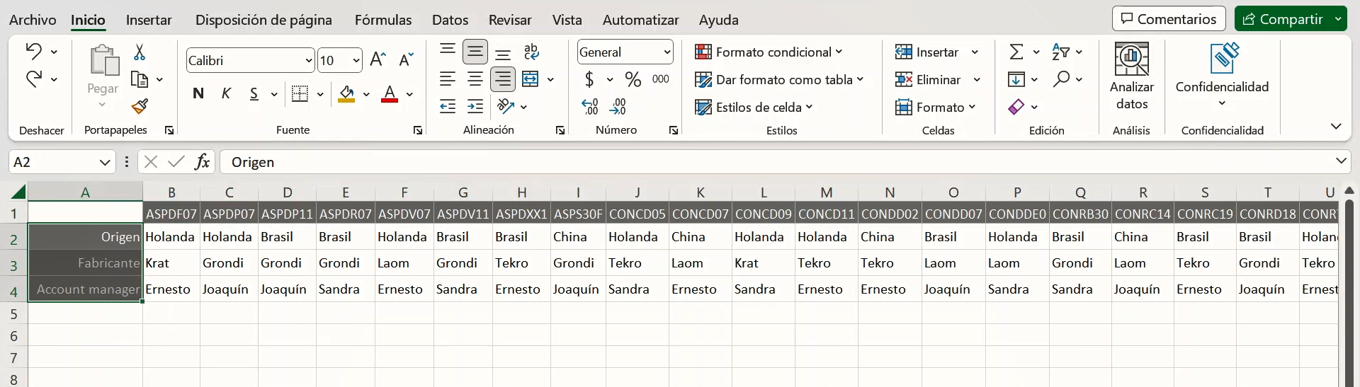 catálogo en Excel y buscarh